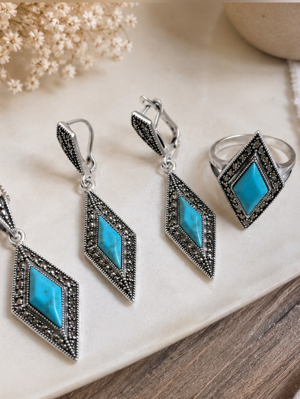 Vintage Bohemian Genuine Turquoise Jewelry Set 925 Sterling Silver